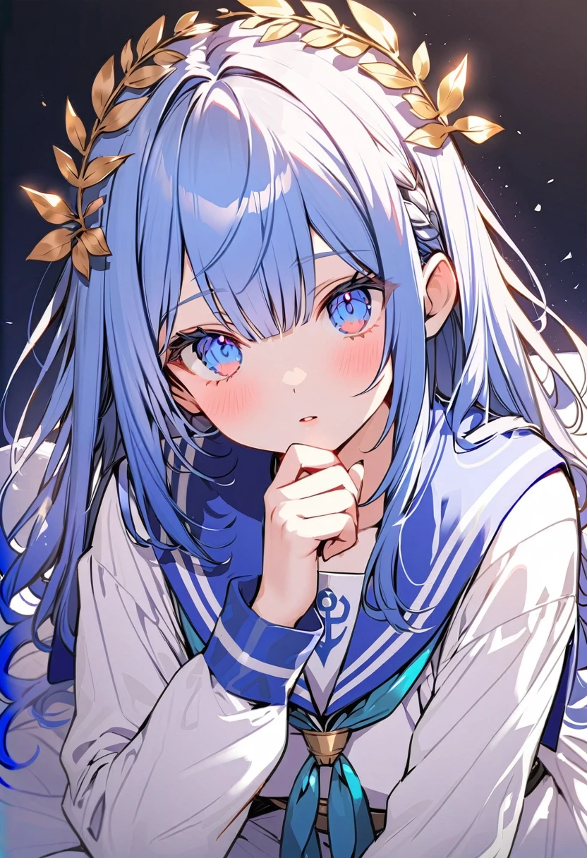 masutepiece++, Best Quality++, ultra-definition++, ultra-definition++, rey tracing, 4K or more++, 8K or more++, Slight details, (Background Focus )++,Young woman with golden laurel wreath, (((Ultramarine hair))), (((White dip dyed hair))), (((red streaked hair))),sailor,Sailor collar,White shirt, skirt by the,anchor,