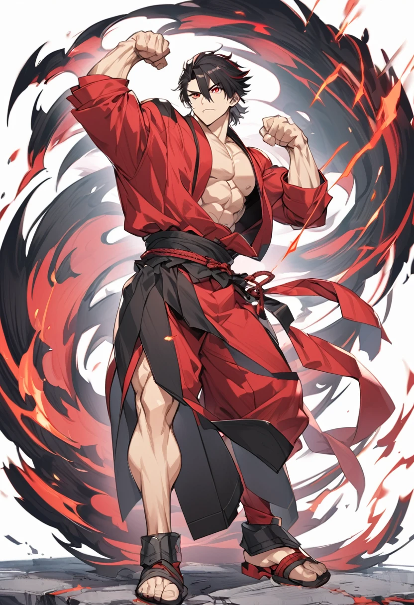 A anime man, black short hair, mullet haircut split in the middle, red eye, black and red kimono, standing battle pose, full body, 22age, some muscular body