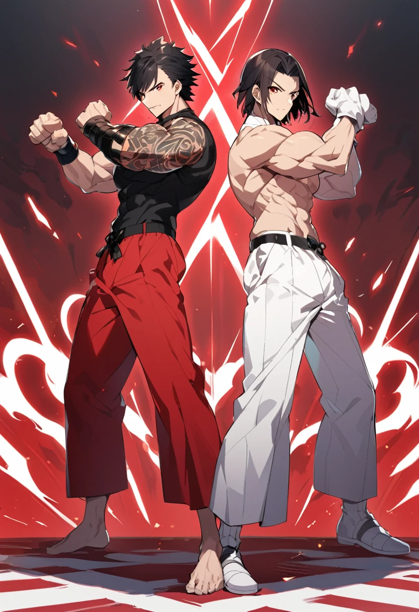 A anime man, black short hair, mullet haircut split in the middle, red eye, black and red kimono, standing battle pose, full body, 22age, some muscular body