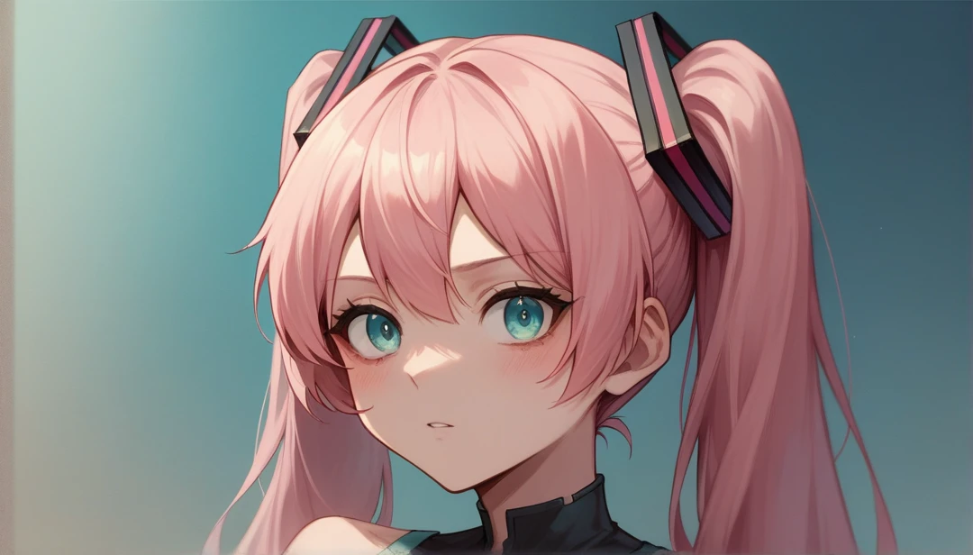 a girl with long hair and pink hair wearing a black shirt, anime moe art style, mikudayo, pink twintail hair and cyan eyes, cyberpunk oppai, anime Waifu, Waifu, hatsune miku portrait, Biomechanical Oppai, I&#39;m going to make fanart too, twintails, anime style portrait, anime style character, miku, portrait of hatsune miku