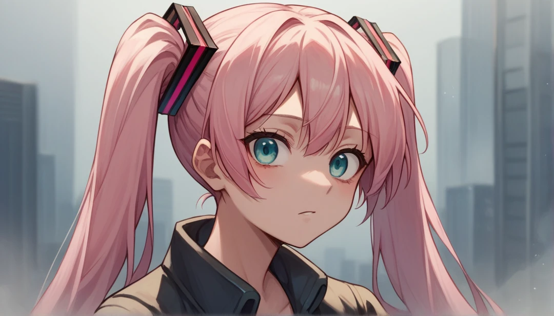 a girl with long hair and pink hair wearing a black shirt, anime moe art style, mikudayo, pink twintail hair and cyan eyes, cyberpunk oppai, anime Waifu, Waifu, hatsune miku portrait, Biomechanical Oppai, I'm going to make fanart too, twintails, anime style portrait, anime style character, miku, portrait of hatsune miku