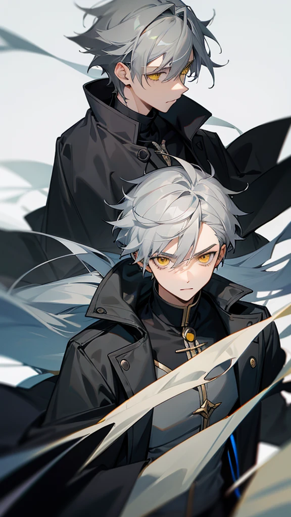 Teenage male character with gray hair and yellow eyes and black coat