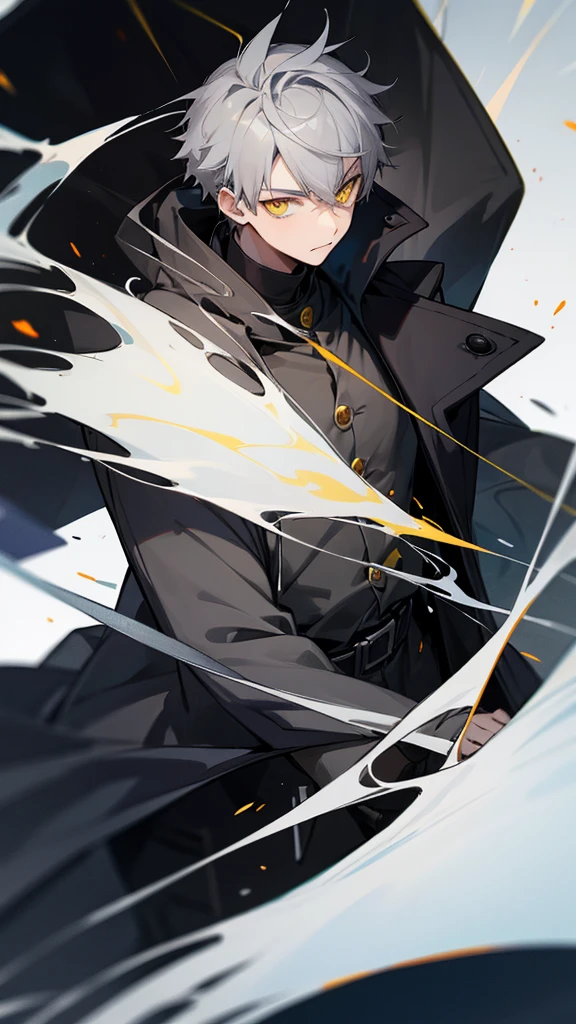 Teenage male character with gray hair and yellow eyes and black coat 
