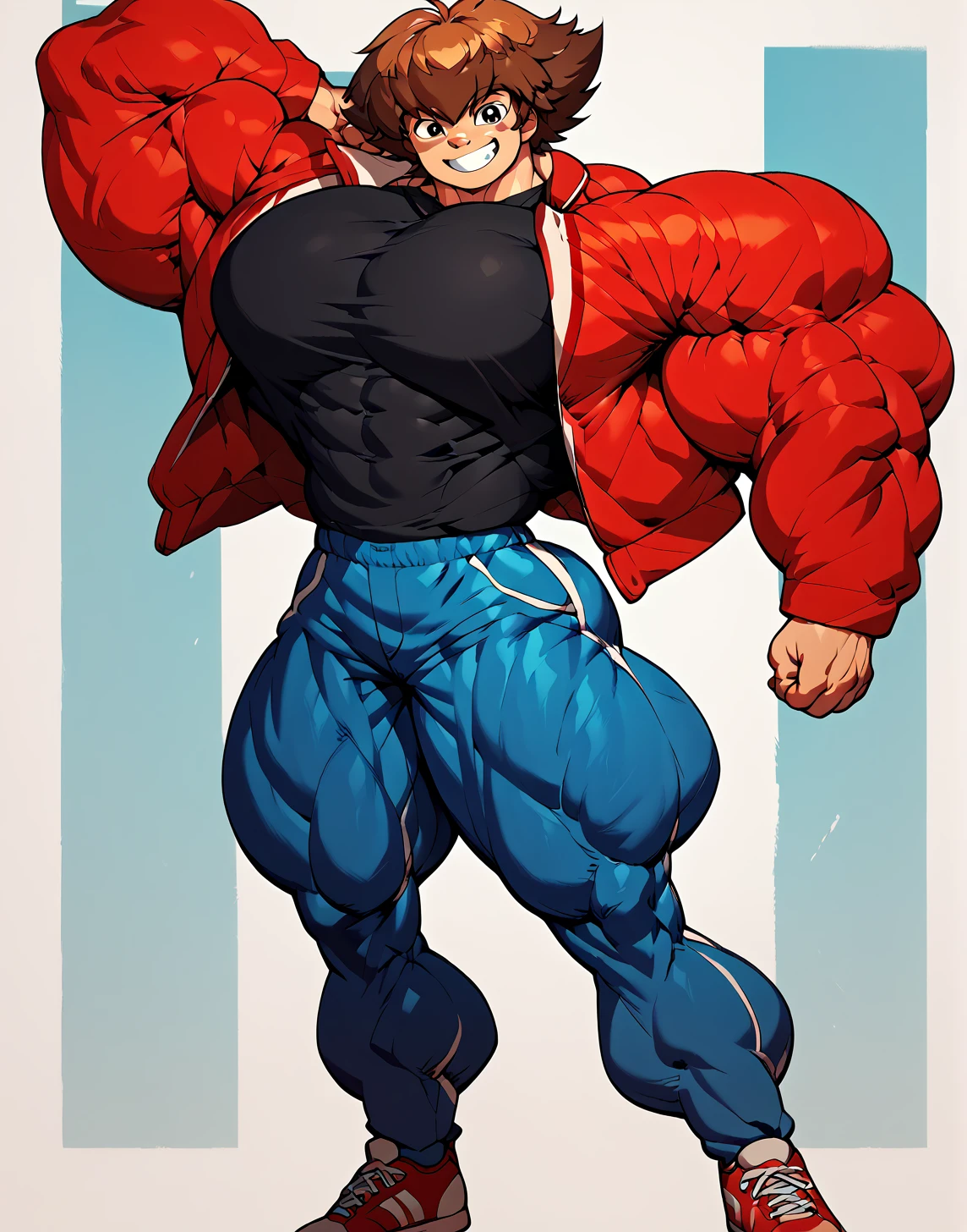 alone, Whole body,smiling , muscular, hypermuscle, huge muscle, big muscles, pectoral muscle , 1 chico  , big pecs , muscular thighs, muscular glutes  , young , cheered up , yu give oh! , jaden yuki  , black shirt, Red jacket, blue pants, Red shoes, Brown hair , pokkuti , hyper
muscular