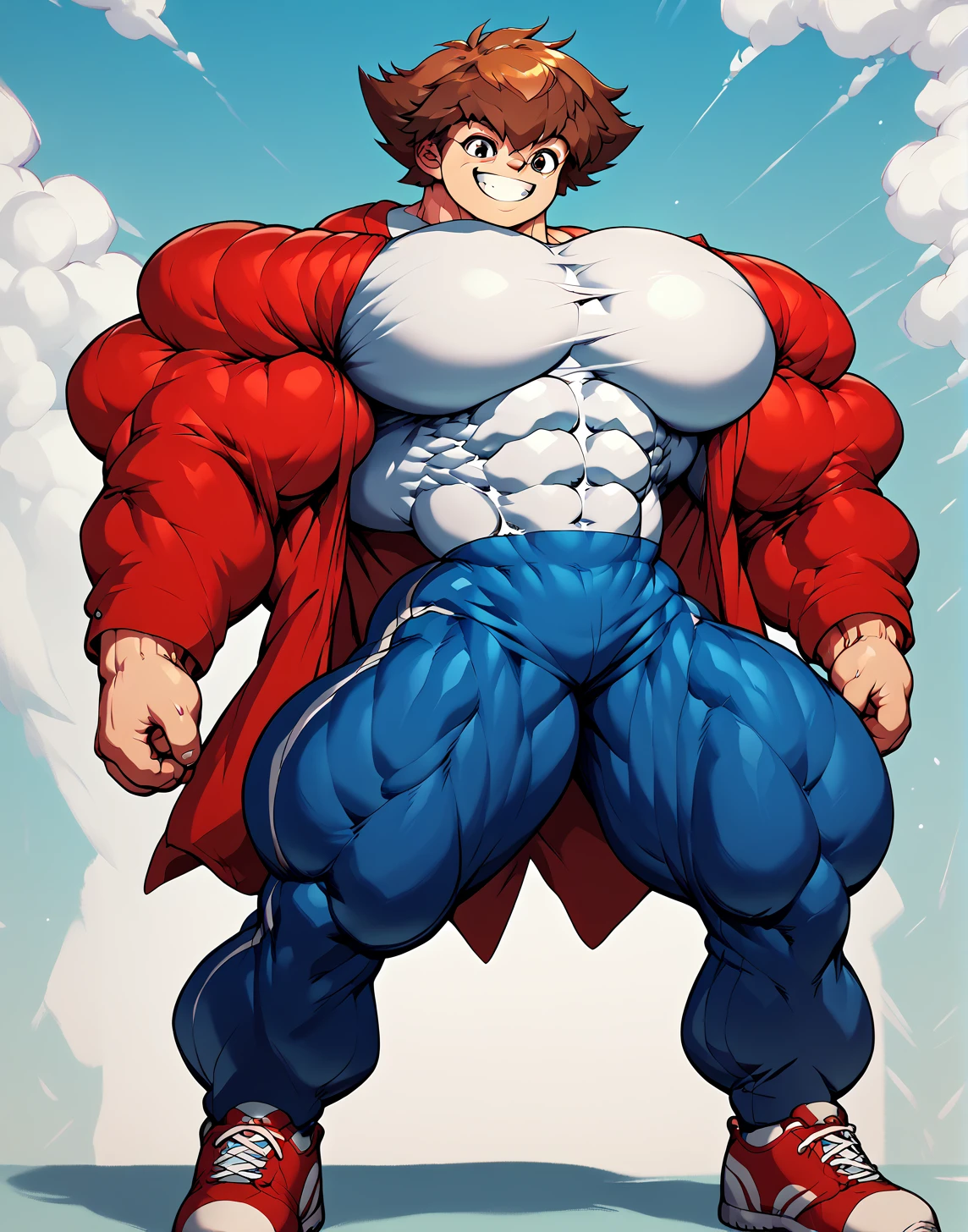 alone, Whole body,smiling , muscular, hypermuscle, huge muscle, big muscles, pectoral muscle , 1 chico  , big pecs , muscular thighs, muscular glutes  , young , cheered up , yu give oh! , jaden yuki  , black shirt, Red jacket, blue pants, Red shoes, Brown hair , pokkuti , hyper
muscular