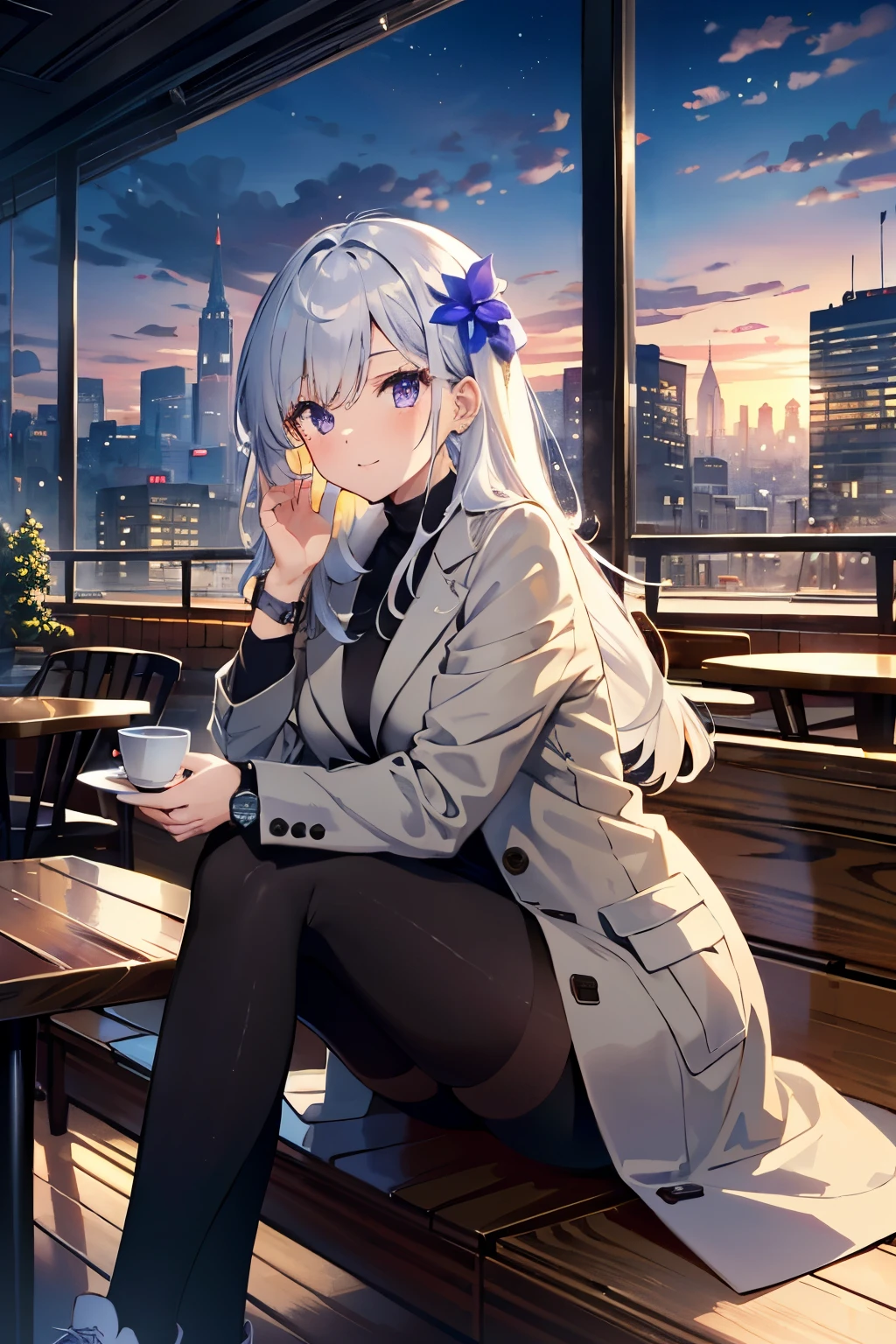 1girl, solo focus, tall female, grey hair, very long hair, purple eyes, large breasts, wide hips, sharp face, jewel-like eyes, serious, tired, wearing long grey coat, black blazer, black legwear, stylish sneakers, accessories, smartwatch, flower hair ornament, cute smile, sitting, cafe, coffee shop ambience, coffee shop aesthetic, snow on window, dawn, window view, massive cityscape, beautiful view, dim-lit ambience, holding coffee, {correct posing}, {detailed clothing}, {detailed body}, {correct body anatomy}, {extremely beautiful and delicate anime face and eyes}, {minute details}, {intricate details}, {delicate}, (masterpiece), (best quality), (wallpaper), (8k hd),