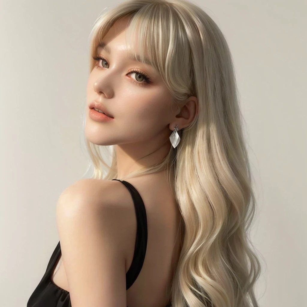 a close-up of a woman with long blonde hair wearing a black dress, long hair with bangs, cabelo com whitebangs, with bangs, curtain bangs, long hair with full bangs, Long white hair and bangs, lalisa manobal, irina nordsol kuzmina, whitebangs, with full bangs, bangs and wavy hair, blonde and silver hair