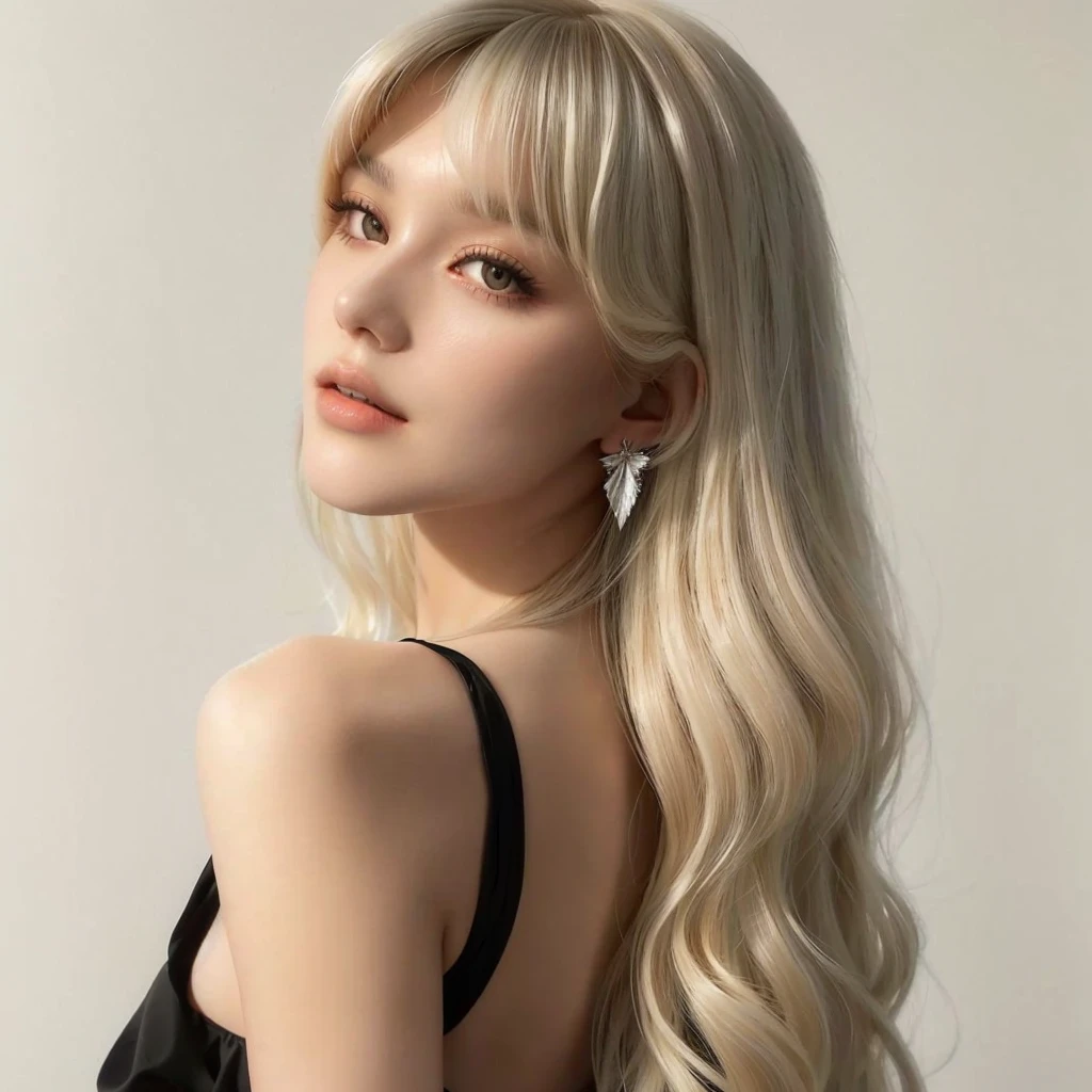 a close-up of a woman with long blonde hair wearing a black dress, long hair with bangs, cabelo com whitebangs, with bangs, curtain bangs, long hair with full bangs, Long white hair and bangs, lalisa manobal, irina nordsol kuzmina, whitebangs, with full bangs, bangs and wavy hair, blonde and silver hair