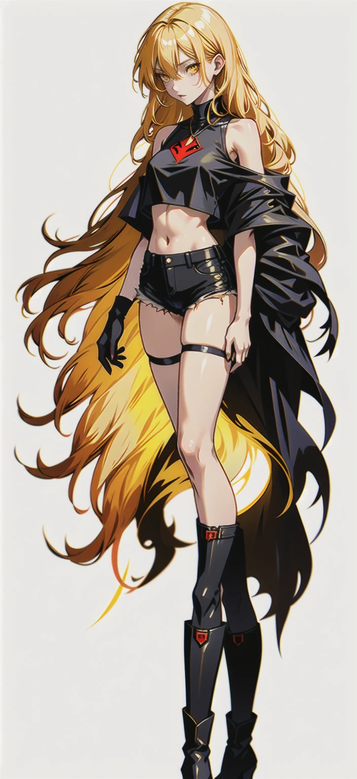 Black hair woman, half of her hair is copper blonde, she is a vampire, yellow eyes, white tea, neckline of a black top, Thin waist, black cowboy shorts, torn black stockings with black boots.