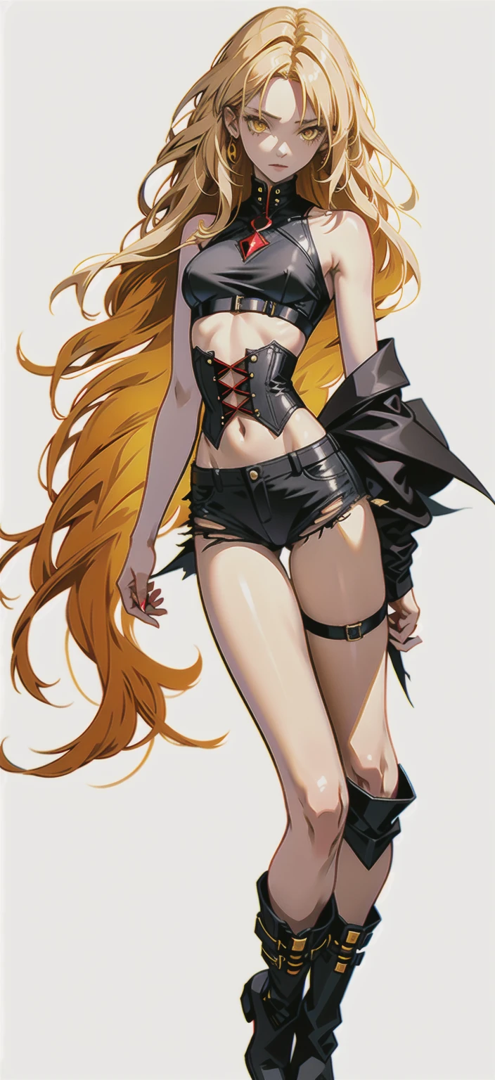 Black hair woman, half of her hair is copper blonde, she is a vampire, yellow eyes, white tea, neckline of a black top, Thin waist, black cowboy shorts, torn black stockings with black boots.
