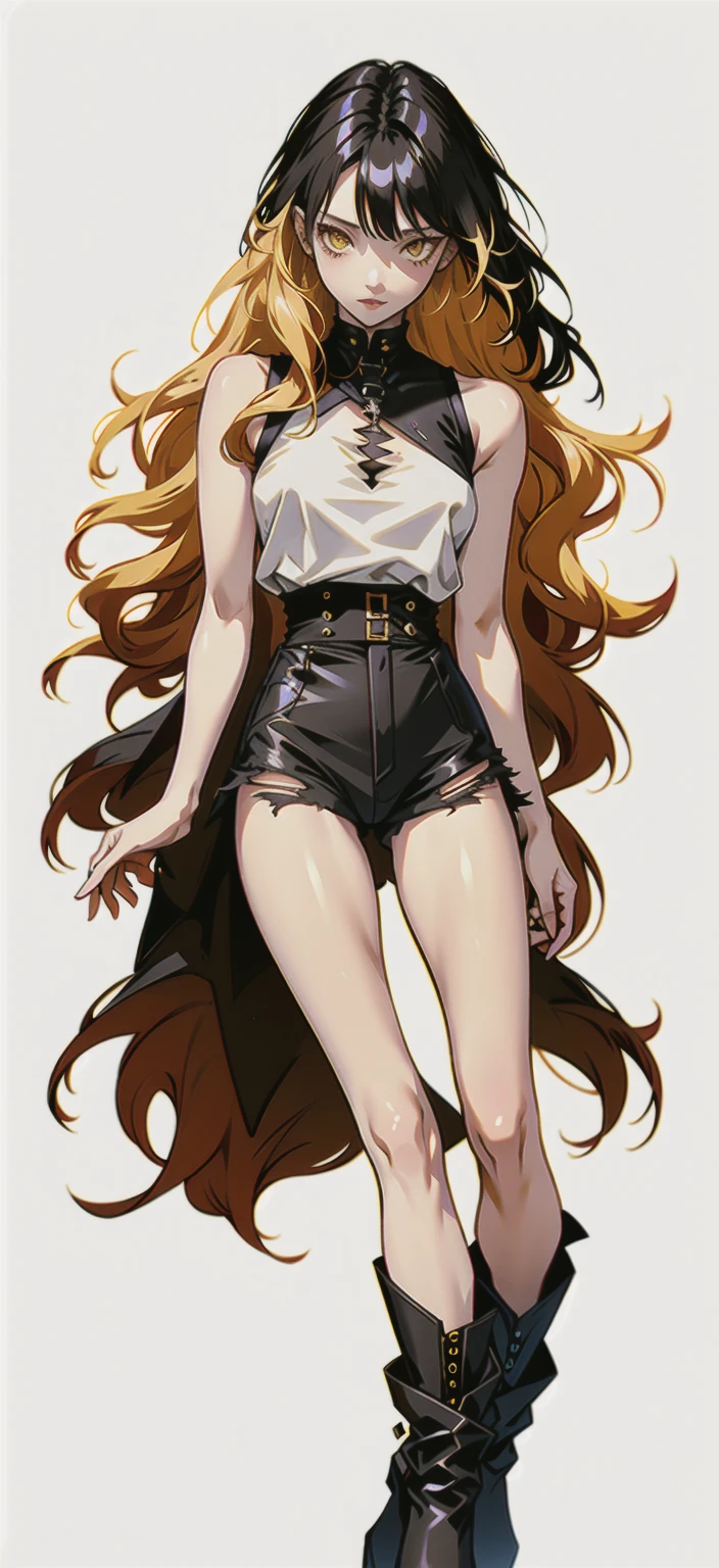 Black hair woman, half of her hair is copper blonde, she is a vampire, yellow eyes, white tea, neckline of a black top, Thin waist, black cowboy shorts, torn black stockings with black boots.