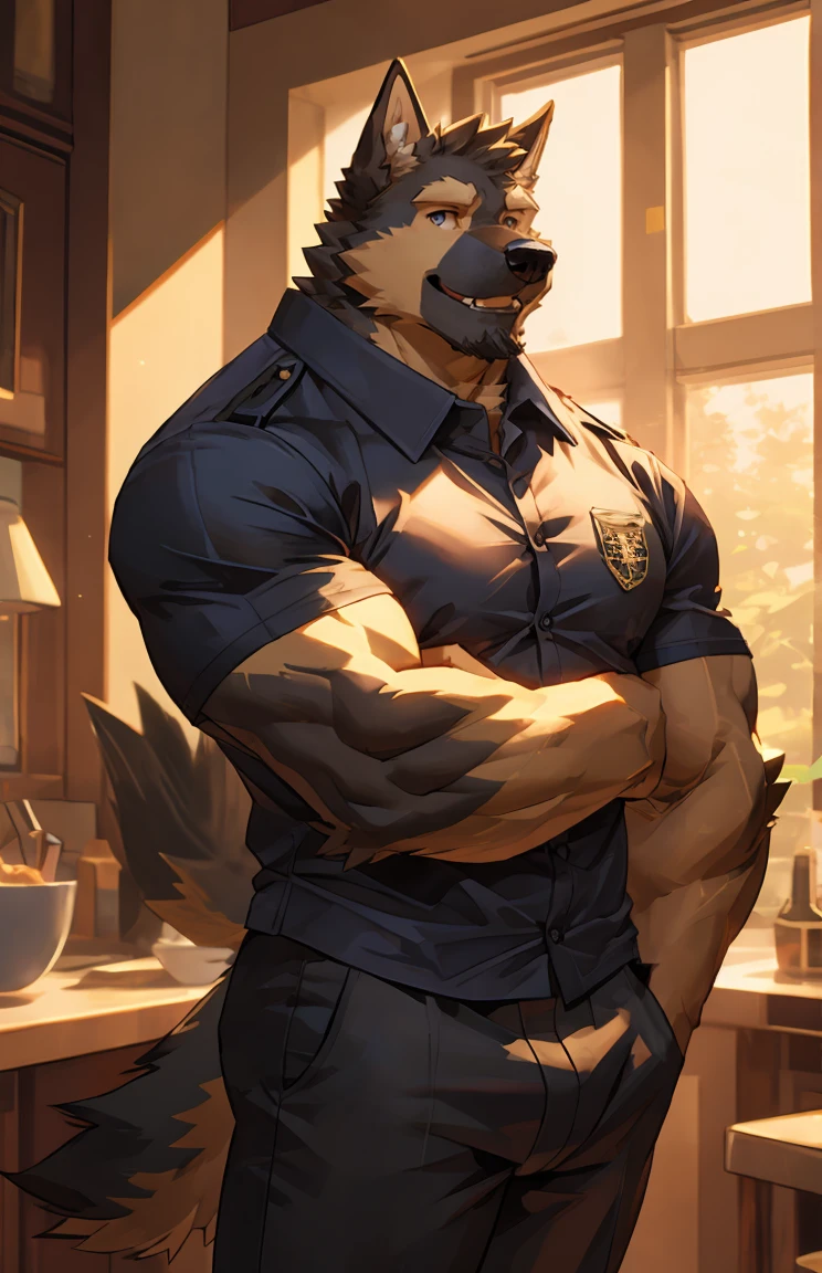 solo, pubraseer, furry german sheperd dog, muscular body, handsome, Smiling, mouth open, holding glassess, Huge dick, big vcool pose, casual shirt, casual pants.