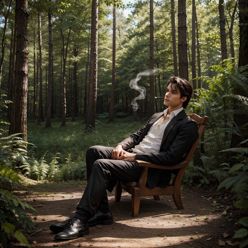 Lonely boy,Background beautiful forest relaxing smoking , classical costumes to swap my face