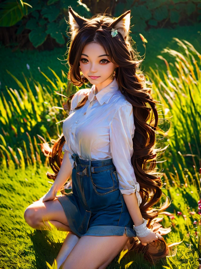masterpiece,best quality, 1girl, solo, slight smile, slight smile, cherry, sunlight dapple, butterfly, grass animal ears,wolf ears,long hair, tail, wolf tail, red eyes, wolf girl,brown hair,,  