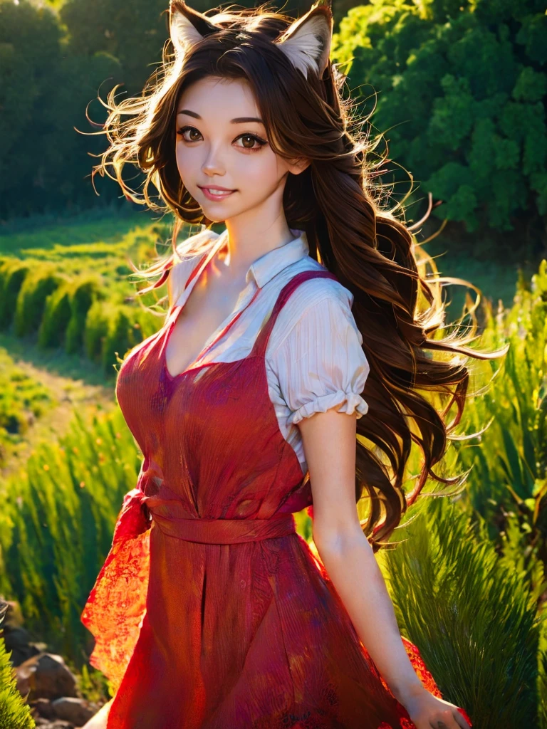 masterpiece,best quality, 1girl, solo, slight smile, slight smile, cherry, sunlight dapple, butterfly, grass animal ears,wolf ears,long hair, tail, wolf tail, red eyes, wolf girl,brown hair,,  