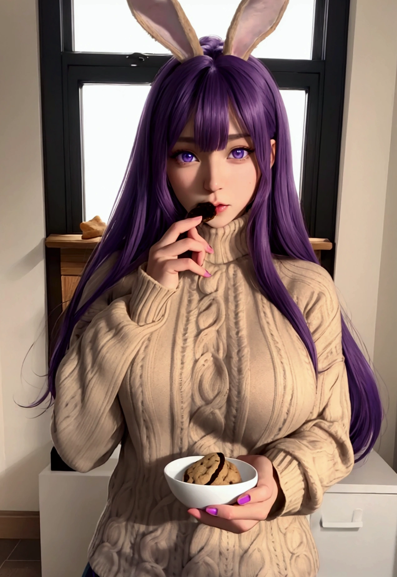 bunny girl, (tan skin:1.2). long purple hair, blue eyes, big breasts, purple turtleneck sweater, eating a cookie,
