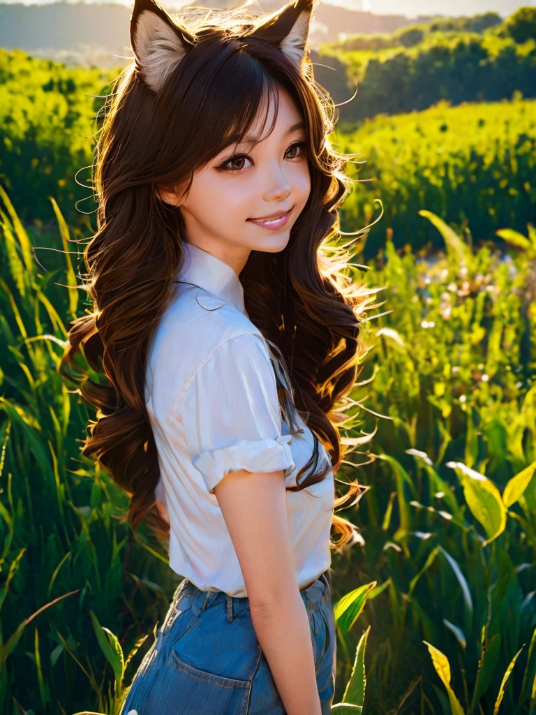 masterpiece,best quality, 1girl, solo, slight smile, slight smile, cherry, sunlight dapple, butterfly, grass animal ears,wolf ears,long hair, tail, wolf tail, red eyes, wolf girl,brown hair,,  