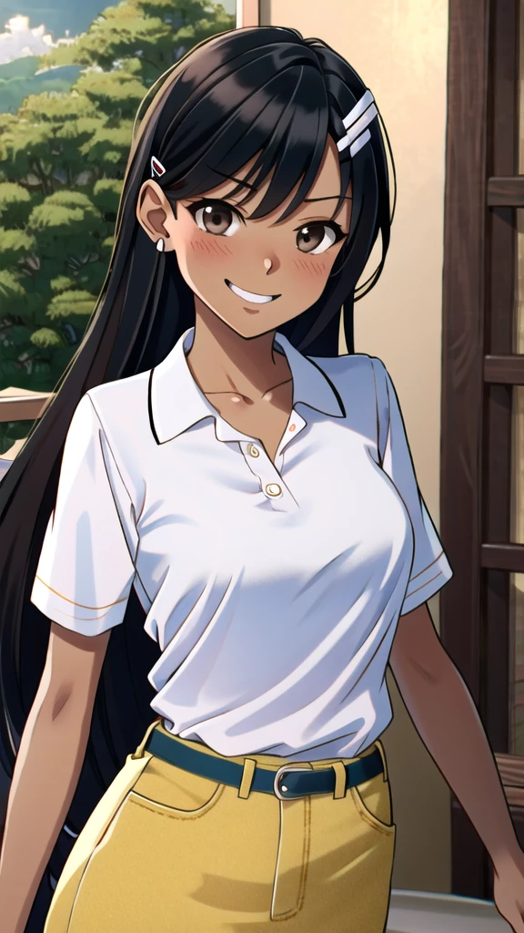 ((best quality)), ((masterpiece)), (details), one girl, sexy ((best quality)), ((masterpiece)), (details), one girl, sexy ((best quality)), ((masterpiece)), (details), one girl, full body, sexy expensive body, expensive, long legs, mature woman, mature, adult, it_nagatoro_main, Hayase Nagatoro, one girl, blushing, alone, uniform polo shirt, short sleeves, black hair,brown eyes, hair accessory, looking at viewer, hair clip, smiling, long hair, dark skinned woman, dark skin, , bangs, daytime, skirt, collared shirt, collarbone, ear clip, mouth closed, tree, asymmetrical bangs, upper body