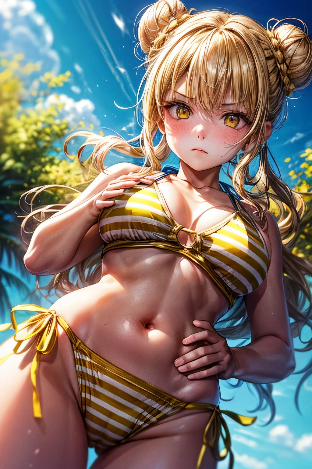 {worst quality, low quality}, ((girl photo)), solo, frown, clear eyes and plump lips, beautiful yellow eyes ):1.2), Spoken heart, Praying hands, (Perfect hands: 1.3), (blonde , hair bun: 1.5), (yellow and white striped bikini), hands on hips, cute pose, The background is a beautiful sandy beach, a clear blue sky, and dazzling sunlight, from below, dynamic angle, Must-Have, Best Quality, Super Detailed,