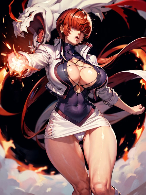 (masterpiece, highest quality, ultra high res, ultra detailed:1.3), 1 cute girl, ideal ratio body proportions, big breast, slender, full body, red long hair, low ponytail, (bangs covered both eyes completely, hair over both eyes:1.4), white tight leather mini skirt, purple turtleneck shirt, (cleavage cutout:1.3), BREAK, white leather jacket, open jacket, white leather boots, standing, she1, (panties visible:1.4), dynamic pose, cameltoe, clothes covered nipples,