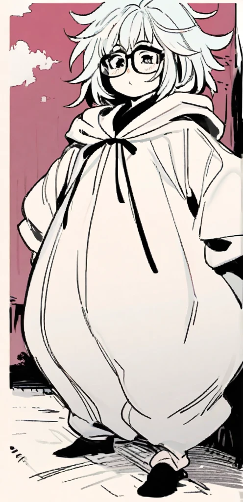 Nerdy girl, thick glasses, messy hair, giant , wide hips, baggy clothes