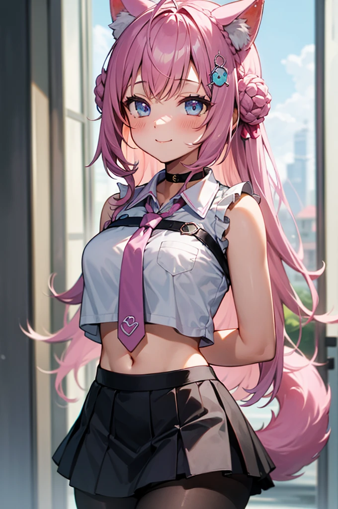 The Masterpiece,best qualiy,Hi-Res,standing a,DEF1,lora:Koyori-000015:1,pink tie,tights,hairornaments,Lilac eyes,One-sided braid,Sorrisos,1girl, animal ear fluff, animal ears, arm behind back, bangs, black choker, black skirt, blue eyes, blush, braid, braided bun, breasts, brown pantyhose, choker, closed mouth, cowboy shot, crop top, crop top overhang, crown braid, double bun, frilled skirt, frills, hair bun, hair ornament, hakui koyori, indoors, long hair, medium breasts, midriff, miniskirt, navel, necktie, pantyhose, pink hair, pink necktie, shirt, skirt, sleeveless, sleeveless shirt, smile, solo, standing, tail, hite shirt, wolf ears, wolf tail, masterpiece,highres,best quality, masterpiece, best quality, ultra-detailed