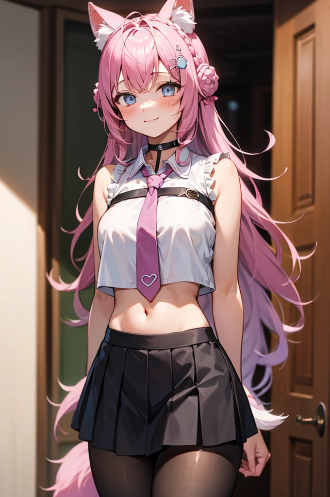 The Masterpiece,best qualiy,Hi-Res,standing a,DEF1,lora:Koyori-000015:1,pink tie,tights,hairornaments,Lilac eyes,One-sided braid,Sorrisos,1girl, animal ear fluff, animal ears, arm behind back, bangs, black choker, black skirt, blue eyes, blush, braid, braided bun, breasts, brown pantyhose, choker, closed mouth, cowboy shot, crop top, crop top overhang, crown braid, double bun, frilled skirt, frills, hair bun, hair ornament, hakui koyori, indoors, long hair, medium breasts, midriff, miniskirt, navel, necktie, pantyhose, pink hair, pink necktie, shirt, skirt, sleeveless, sleeveless shirt, smile, solo, standing, tail, hite shirt, wolf ears, wolf tail, masterpiece,highres,best quality, masterpiece, best quality, ultra-detailed