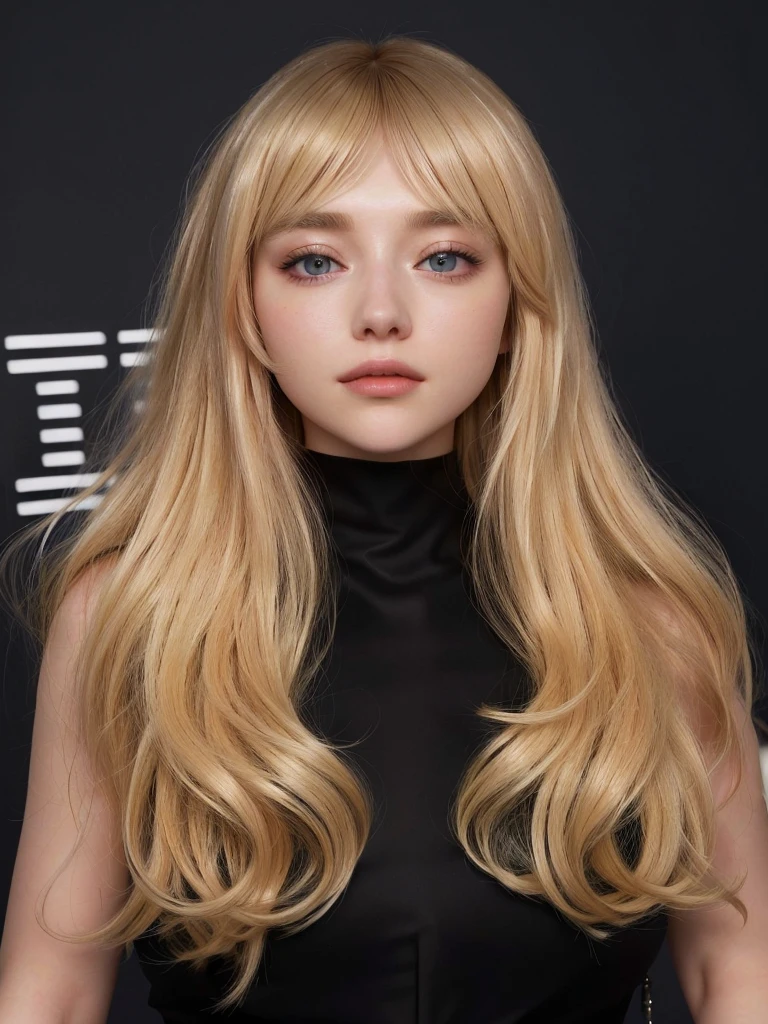 a woman with long blonde hair and a black dress, portrait of kim petras, Imogen Poots, long blonde hair and big eyes, inspired by Károly Lotz, center-parted bangs, imogen poots d&Paladin D, Imogen Poots as holy paladin, She has blonde hair, Saoirse Ronan