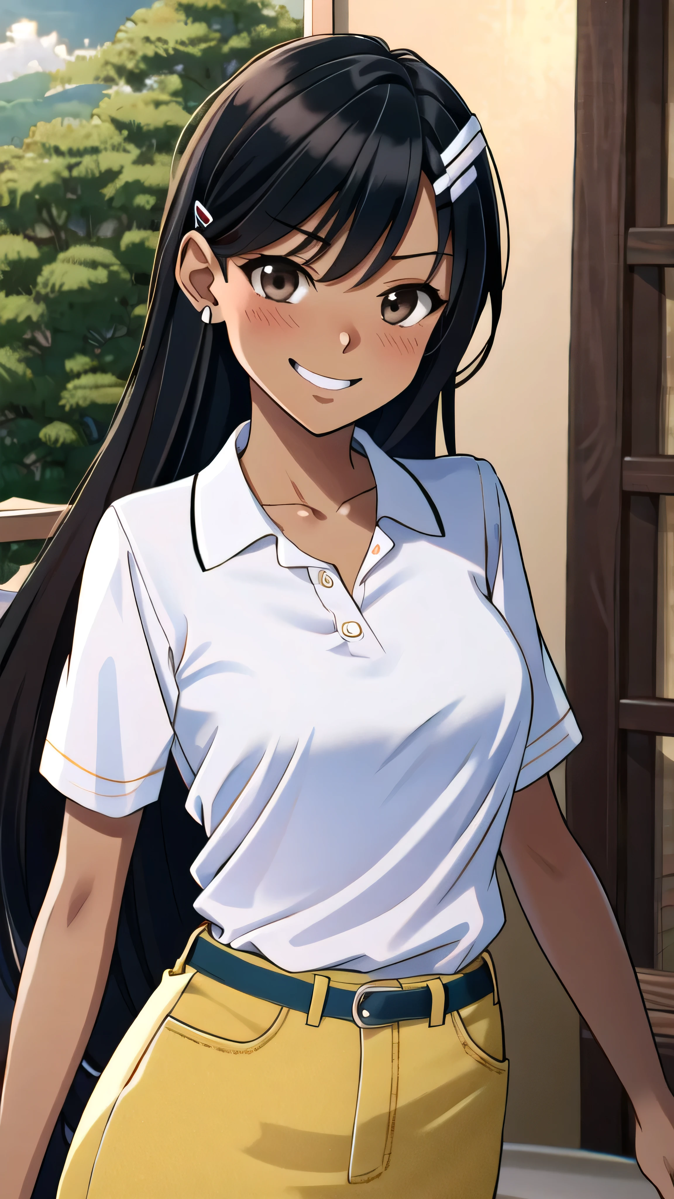 ((best quality)), ((masterpiece)), (details), one girl, sexy ((best quality)), ((masterpiece)), (details), one girl, sexy ((best quality)), ((masterpiece)), (details), one girl, full body, sexy expensive body, expensive, long legs, mature woman, mature, adult, it_nagatoro_main, Hayase Nagatoro, one girl, blushing, alone, uniform polo shirt, short sleeves, black hair,brown eyes, hair accessory, looking at viewer, hair clip, smiling, long hair, dark skinned woman, dark skin, , bangs, daytime, skirt, collared shirt, collarbone, ear clip, mouth closed, tree, asymmetrical bangs, upper body