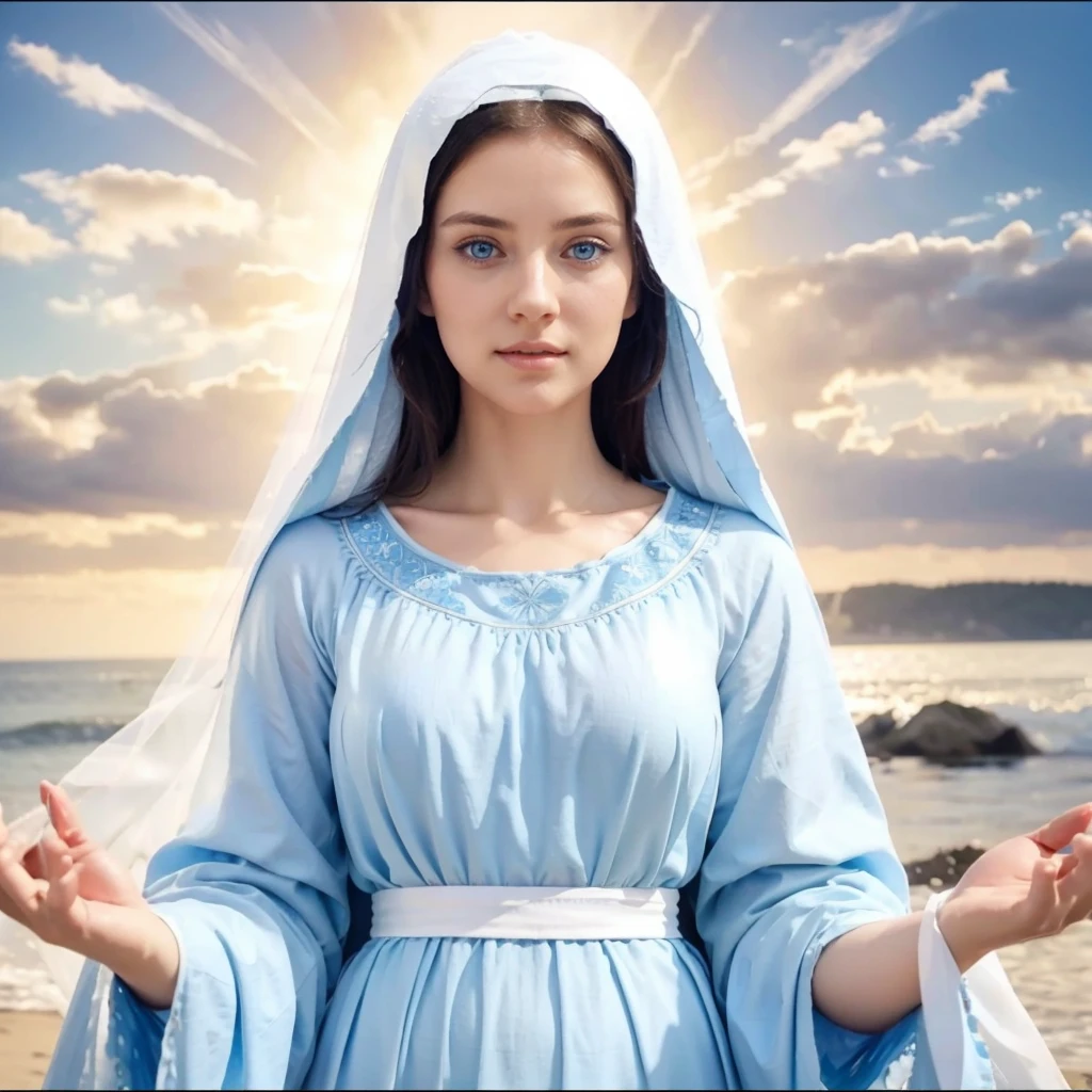 Beautiful woman with light blue eyes, wearing a blue tunic with wide, long sleeves adjusted at the waist by a white sash. Wear a thick white veil. She has open arms. Beautiful female hands