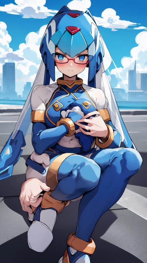 Leviathan_Megamanz, 1 Girl ,Looking at the viewer , blue hair, Blue eyes,Clouds background , Blushed, Wedding ring, Glasses, Holding a baby girl in hands,