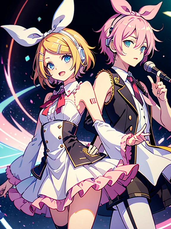 Rin Kagamine, Vocaloid, virtual singer, White dress, pink ruffles, pastel colours