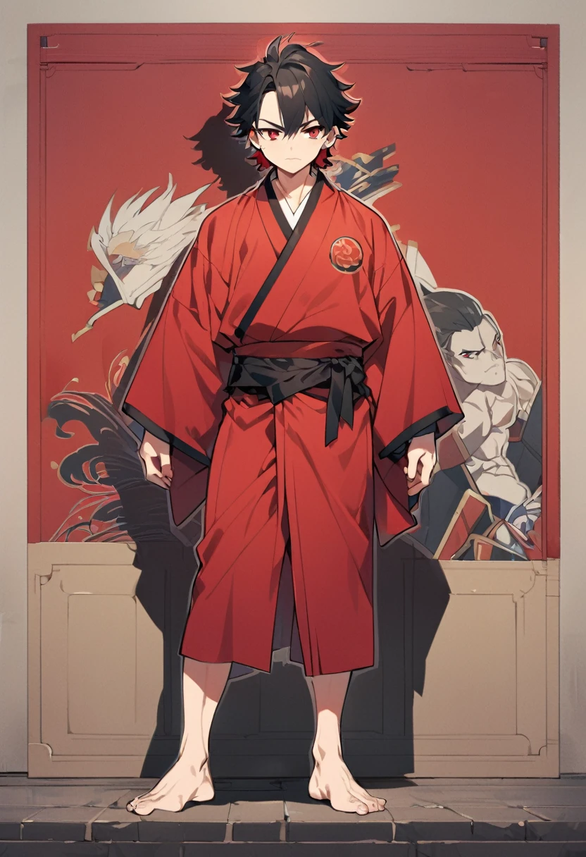 A anime man, black short hair, mullet haircut split in the middle, red eye, black and red kimono, standing, full body, 22age, some muscular body