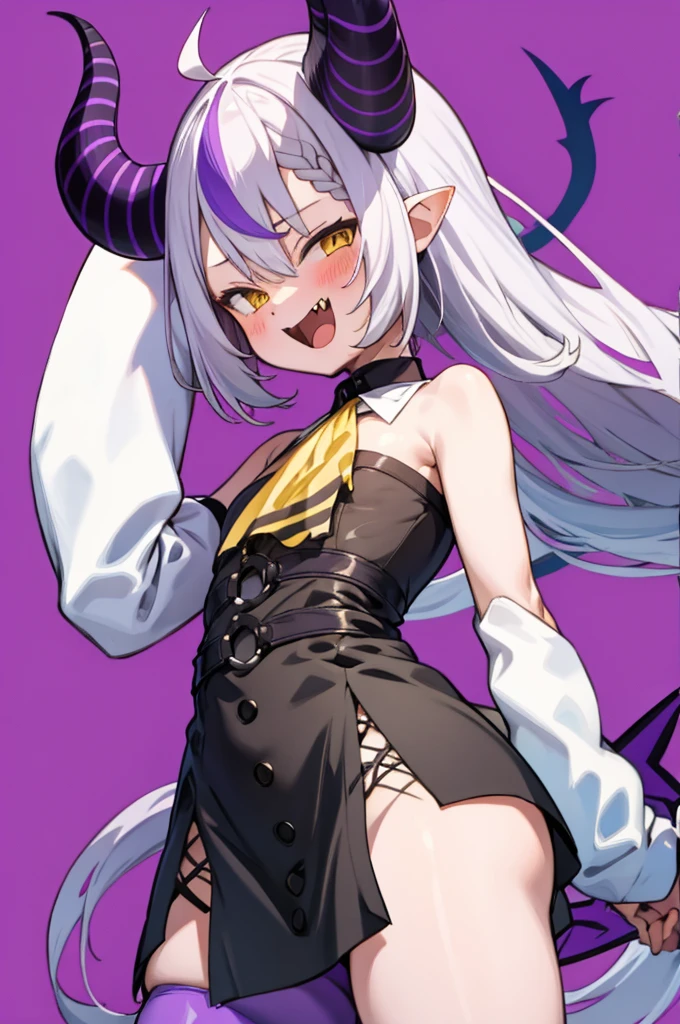 , 1girl, :d, ahoge, ascot, bangs, bare shoulders, black dress, blush, braid, demon horns, dress, fang, grey hair, hair between eyes, horns, la+ darknesss, long hair, looking at viewer, multicolored hair, open mouth, pointy ears, purple background, purple hair, single leg pantyhose, smile, solo, streaked hair, striped horns, tail, very long hair, white sleeves, yellow ascot, yellow eyes,flat chest,standing,cowboy shot,