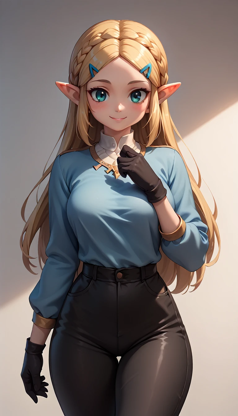 High resolution, Very detailed, perfect lighting, beautiful detailed eyes, ((masterpiece,Best Quality)), absurdities, alone, princess zelda, by the width, crown braid, Hair clip, pointy ears, blue shirt, long sleeves, Gloves without fingers, black gloves, Black pants, tight pants, smile, curves, nod, , deep neckline, deep neckline