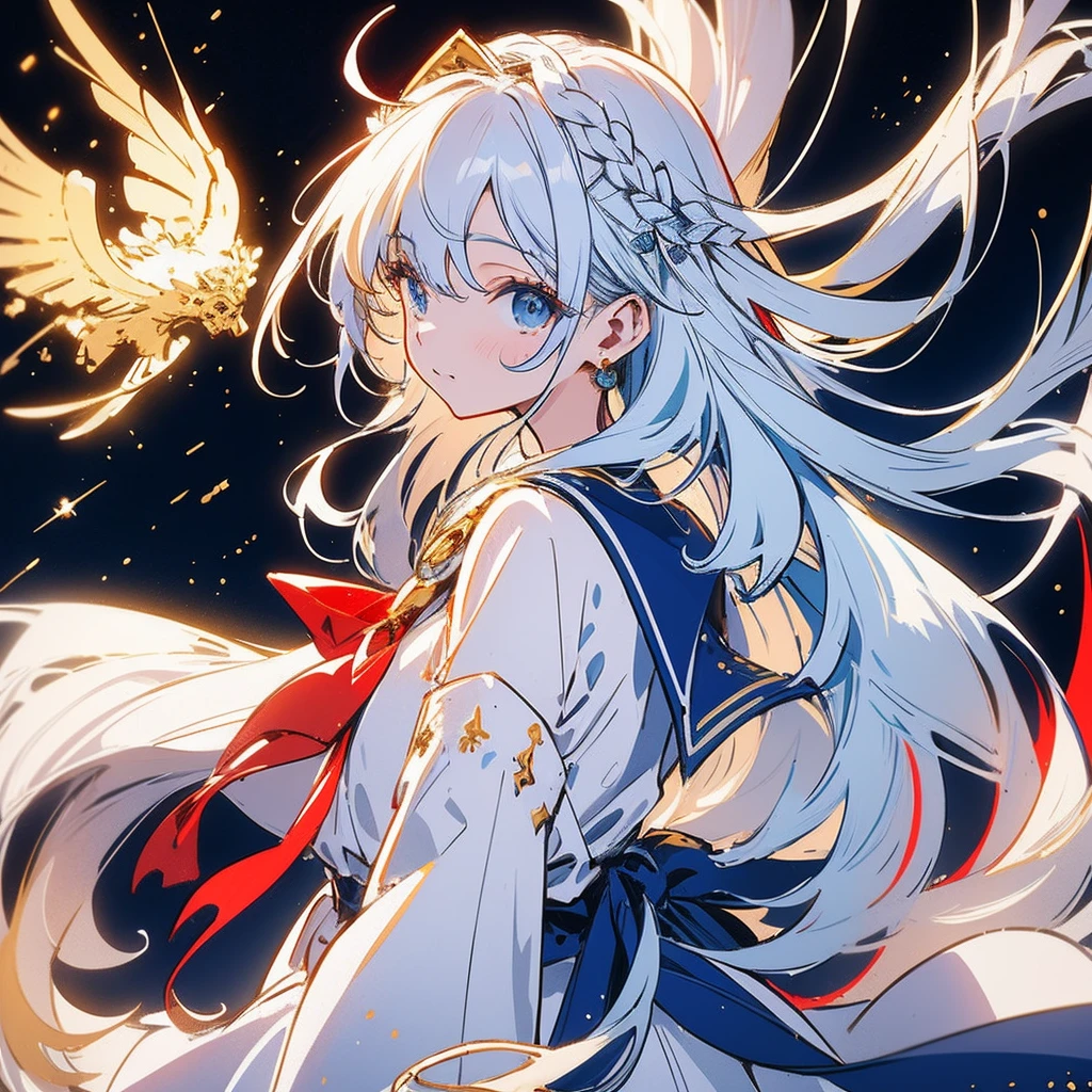 masutepiece++, Best Quality++, ultra-definition++, ultra-definition++, rey tracing, 4K or more++, 8K or more++, Slight details, (Background Focus )++,Young woman with golden laurel wreath, (((Ultramarine hair))), (((White dip dyed hair))), (((red streaked hair))),sailor,Sailor collar,White shirt, skirt by the,anchor,