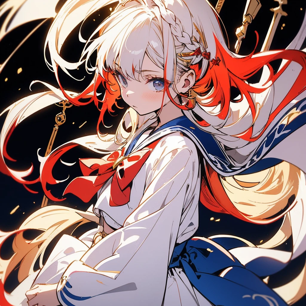 masutepiece++, Best Quality++, ultra-definition++, ultra-definition++, rey tracing, 4K or more++, 8K or more++, Slight details, (Background Focus )++,Young woman with golden laurel wreath, (((Ultramarine hair))), (((White dip dyed hair))), (((red streaked hair))),sailor,Sailor collar,White shirt, skirt by the,anchor,