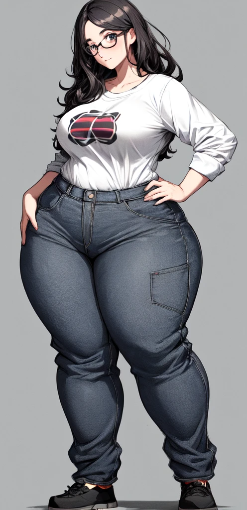 Nerdy girl, thick glasses, messy hair, giant , wide hips, baggy clothes
