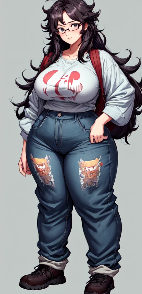 Nerdy girl, thick glasses, messy hair, giant , wide hips, baggy clothes