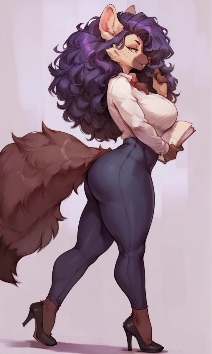 (solo) female anthro sheeo, long fluffy hair,sheep, big breasts, attractive, teacher clothes, teacher tight pants, fit body, hyena tail,, thicc, freckles, freckles on face, smug eyes, (mad expression), she is standing look to the right, violet background, simple background, thick thighs  (side view) high heels (anthro, fluffy fur:2.2)