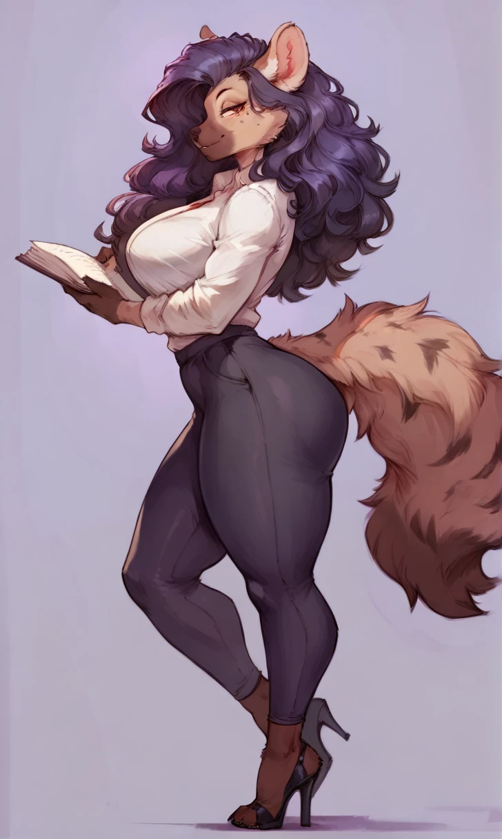 (solo) female anthro sheeo, long fluffy hair,sheep, big breasts, attractive, teacher clothes, teacher tight pants, fit body, hyena tail,, thicc, freckles, freckles on face, smug eyes, (mad expression), she is standing look to the right, violet background, simple background, thick thighs  (side view) high heels (anthro, fluffy fur:2.2)