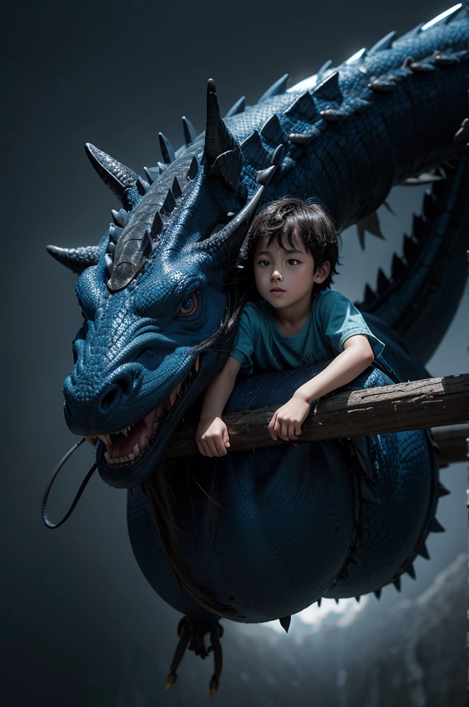  boy, dark haired ,  approximately 5 , riding a blue dragon