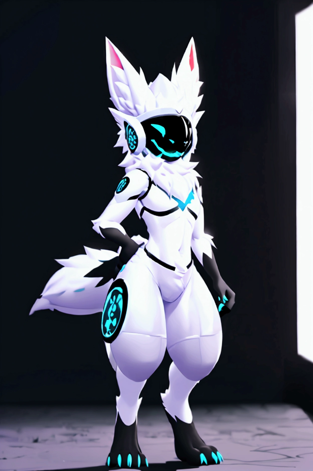 a protogen with blue colors, offwhite, gray and dark blue. styled hair, ssmile, fluffy ears, velues, fully body