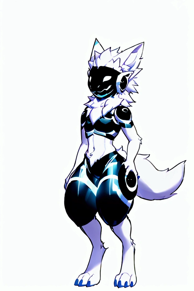 a protogen with blue colors, offwhite, gray and dark blue. styled hair, ssmile, fluffy ears, velues, fully body