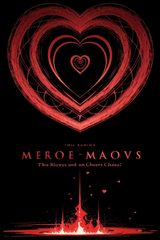 The cover has a black background, giving a feeling of mystery and intensity. At the center, in big, elegant letters, is written "Between Love and Chaos" in white lettering, with a chic touch. Around the cover, there are symbols that represent love and chaos, like hearts in the shape of arrows passing through a mysterious fog, or a heart-shaped bomb, symbolizing the explosion of emotions. The symbols are in reddish tones, contrasting with the black background and highlighting the title theme.