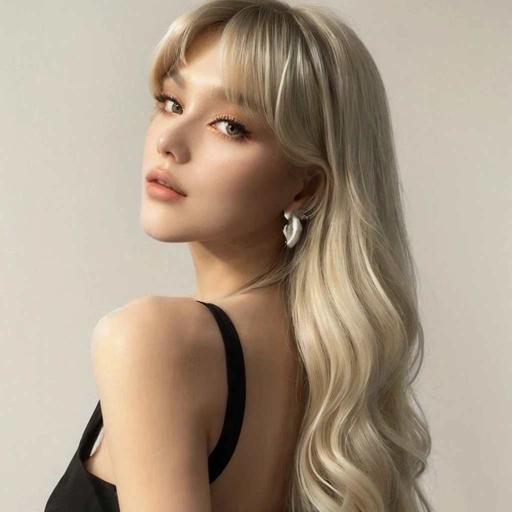 a close-up of a woman with long blonde hair wearing a black dress, long hair with bangs, cabelo com whitebangs, with bangs, curtain bangs, long hair with full bangs, Long white hair and bangs, lalisa manobal, irina nordsol kuzmina, whitebangs, with full bangs, bangs and wavy hair, blonde and silver hair