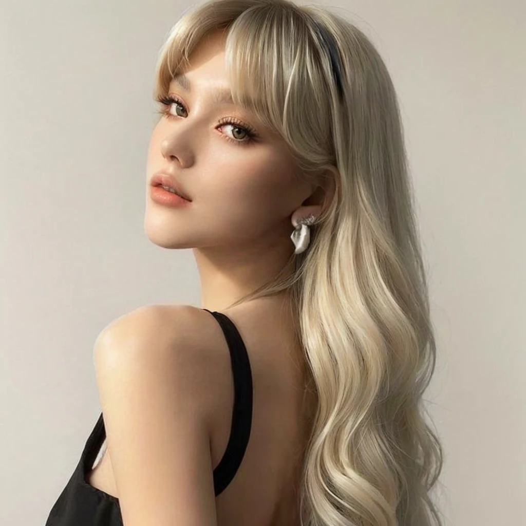 a close-up of a woman with long blonde hair wearing a black dress, long hair with bangs, cabelo com whitebangs, with bangs, curtain bangs, long hair with full bangs, Long white hair and bangs, lalisa manobal, irina nordsol kuzmina, whitebangs, with full bangs, bangs and wavy hair, blonde and silver hair