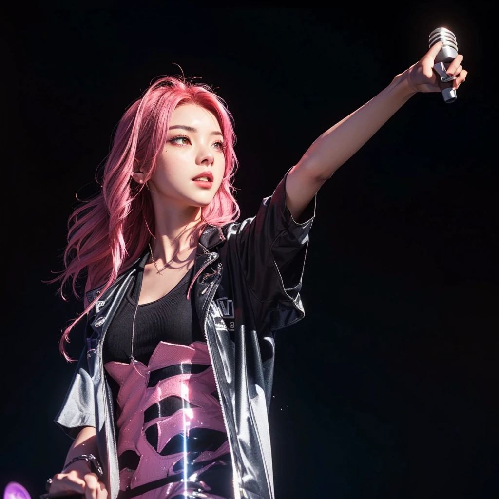 arafed woman with pink hair and a black shirt is holding a microphone, concert, splash art, original art, 1 women, 4k, ((low pov, low shot, low angle, dynamic angle)), ((visual effect)), dark environment with neon lighting, neon, big stadium concert venue, singer, rockstar, concert, beautiful lighting effect, sexy, (((seductive))), speed movement, magic, ultra detailed, red medium hair, sexy black dress, beutiful pose, cinematic, action, risa oribe.