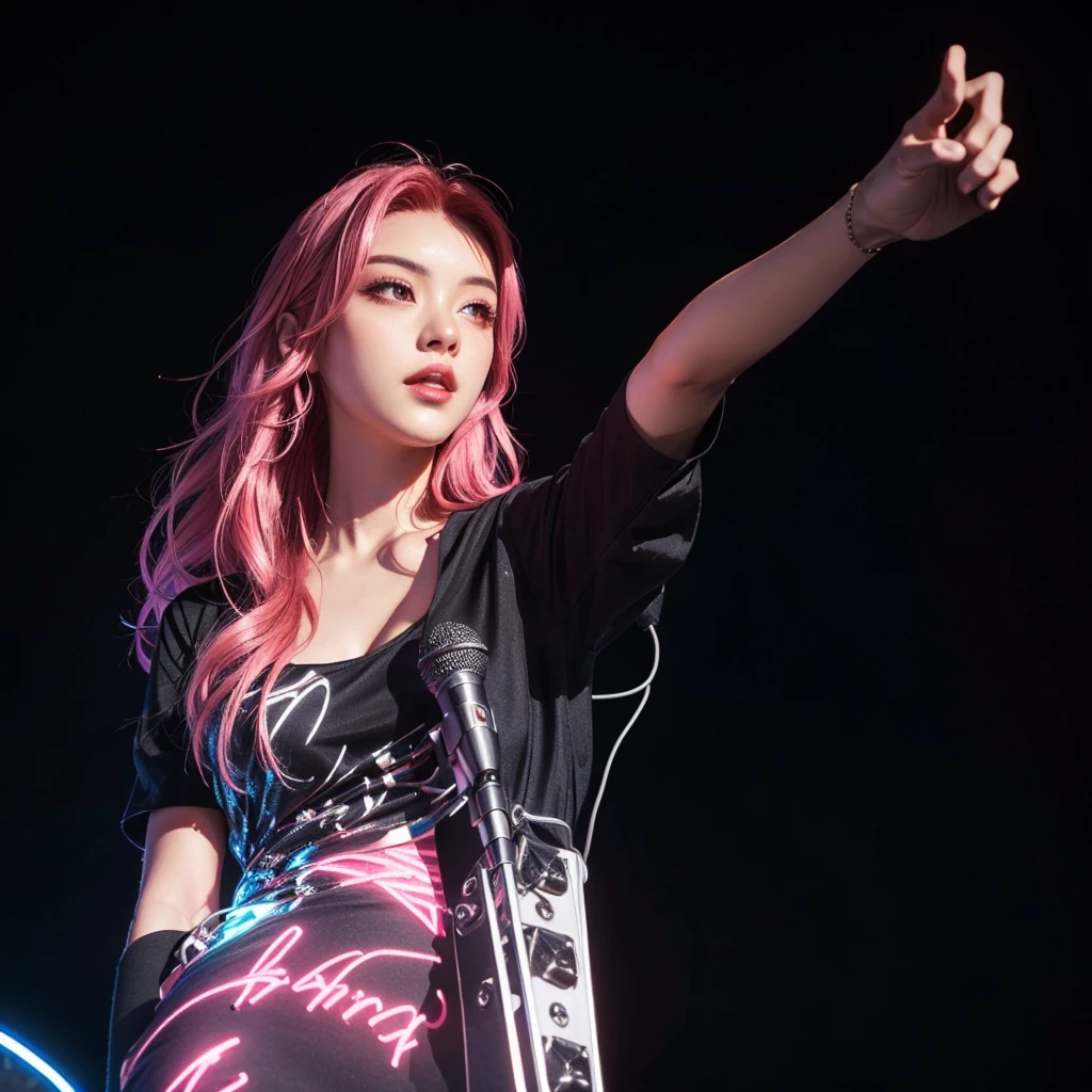 arafed woman with pink hair and a black shirt is holding a microphone, concert, splash art, original art, 1 women, 4k, ((low pov, low shot, low angle, dynamic angle)), ((visual effect)), dark environment with neon lighting, neon, big stadium concert venue, singer, rockstar, concert, beautiful lighting effect, sexy, (((seductive))), speed movement, magic, ultra detailed, red medium hair, sexy black dress, beutiful pose, cinematic, action, risa oribe.