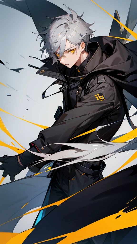 Teenage male character with gray hair and yellow eyes and black coat 